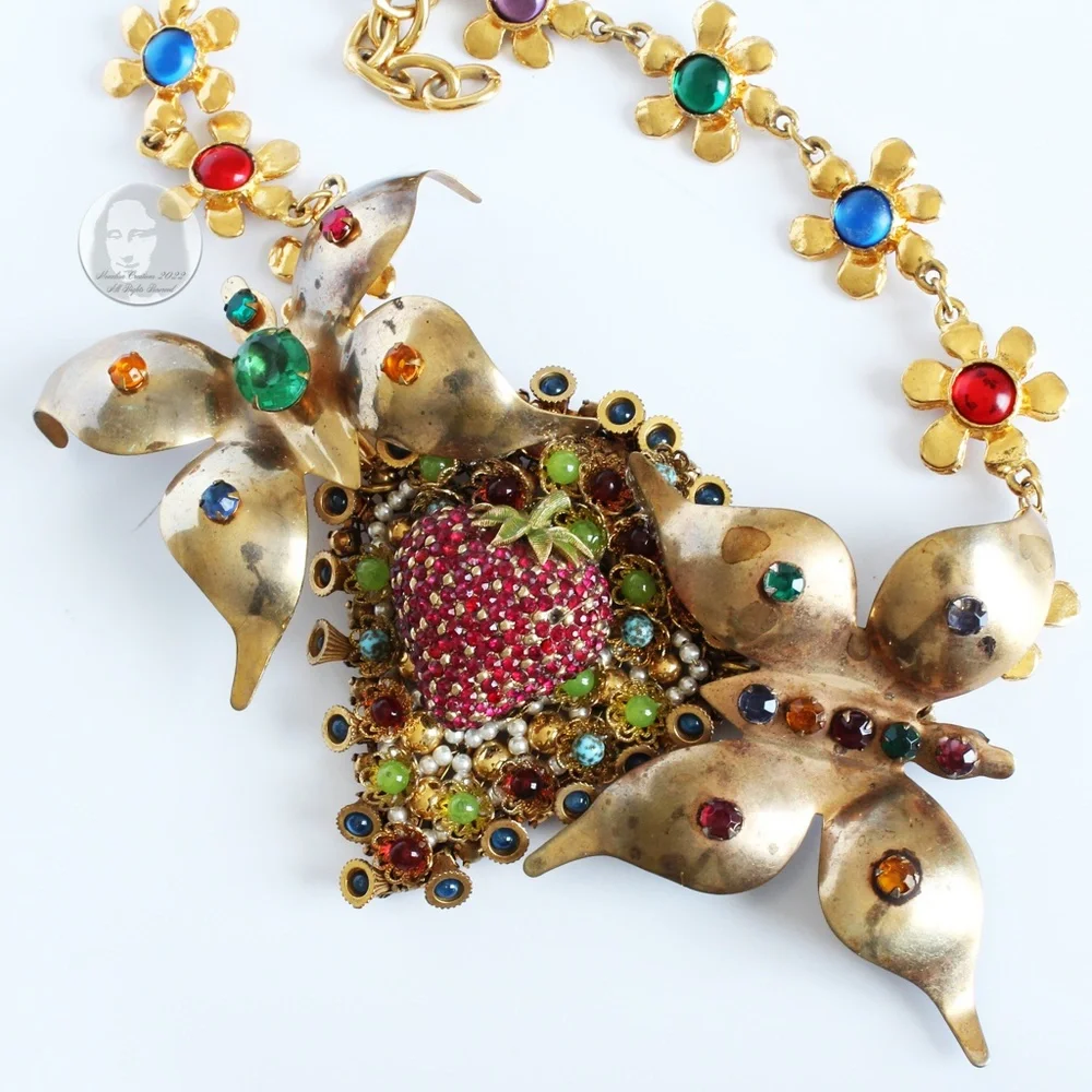 Vintage Butterfly & Berry Necklace Rhinestones Florals By Stephanie Lake Design